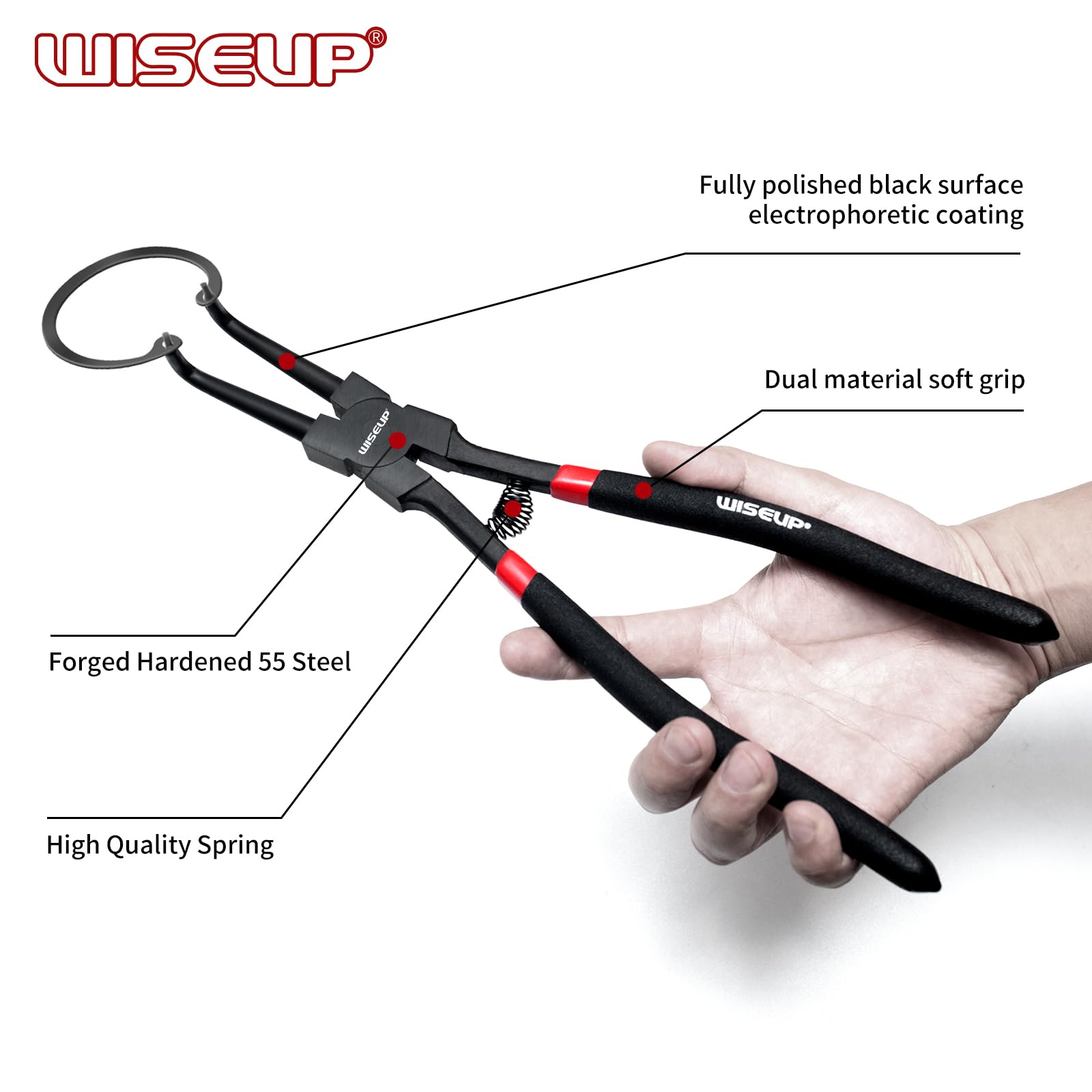 WISEUP Juego de 4 alicates de anillo a presión resistentes, kit de alicates de clip de círculo interno/externo de 7 pulgadas, puntas de alicates de mandíbula recta/doblada, alicates de clip en C para