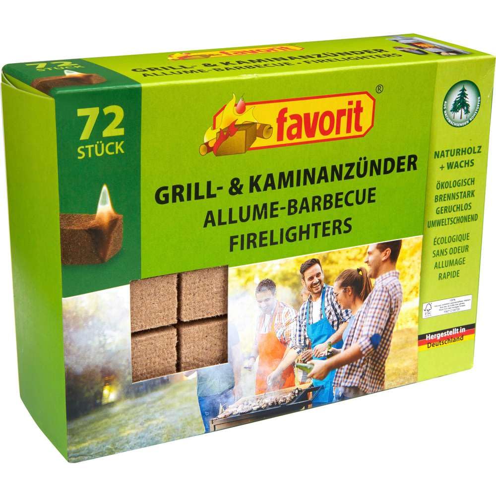Favorit Anzünder | Echtholz- und Wachs-Anzünder für Grill und Kamin – brennstark, Brenndauer ca. 8–10 Minuten, 72 Stück, FSC-zertifiziert