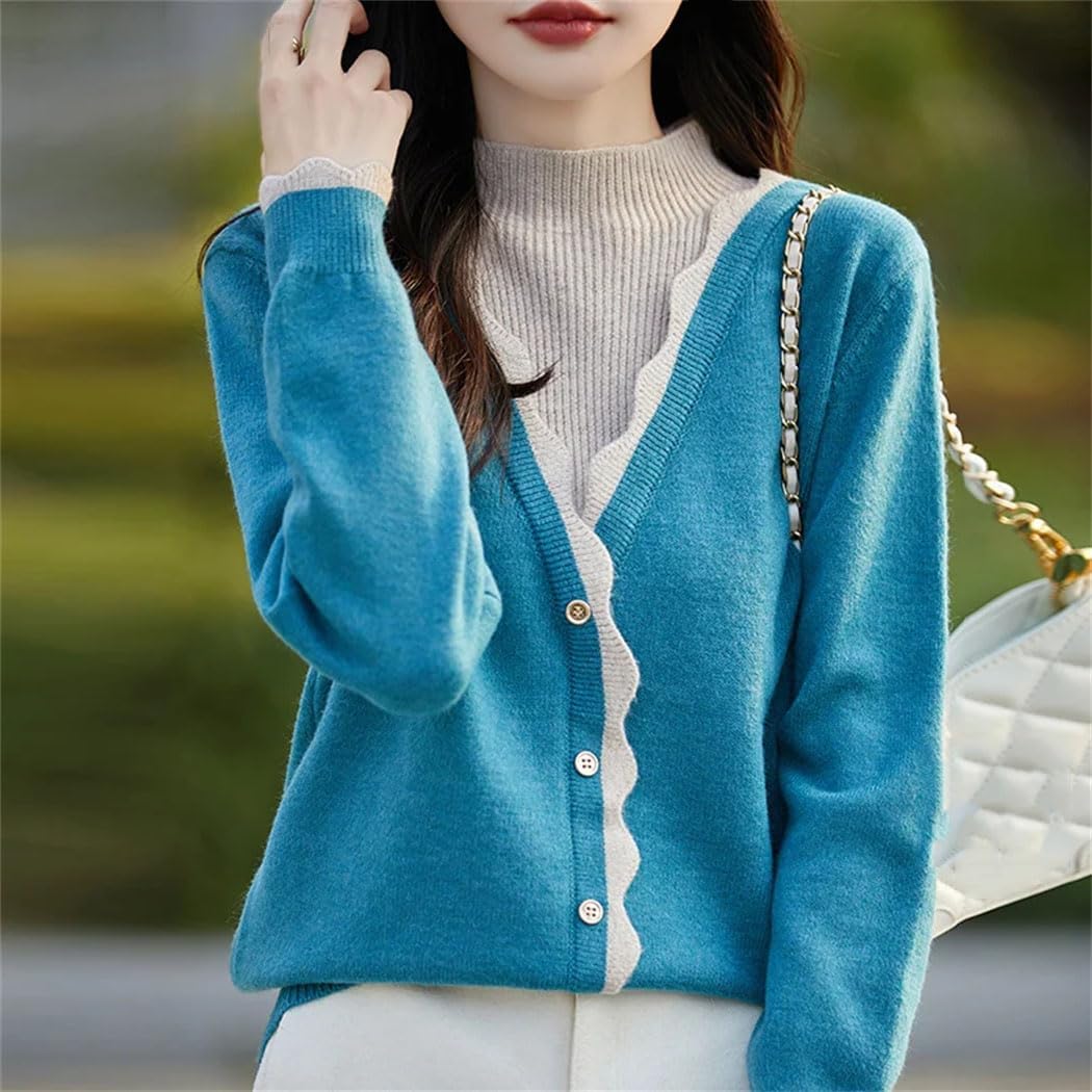 Women's Mock Neck Knit Sweater Fake Two Items Patchwork Long Sleeve Tops Winter Korean Fashion Pullover Jumper