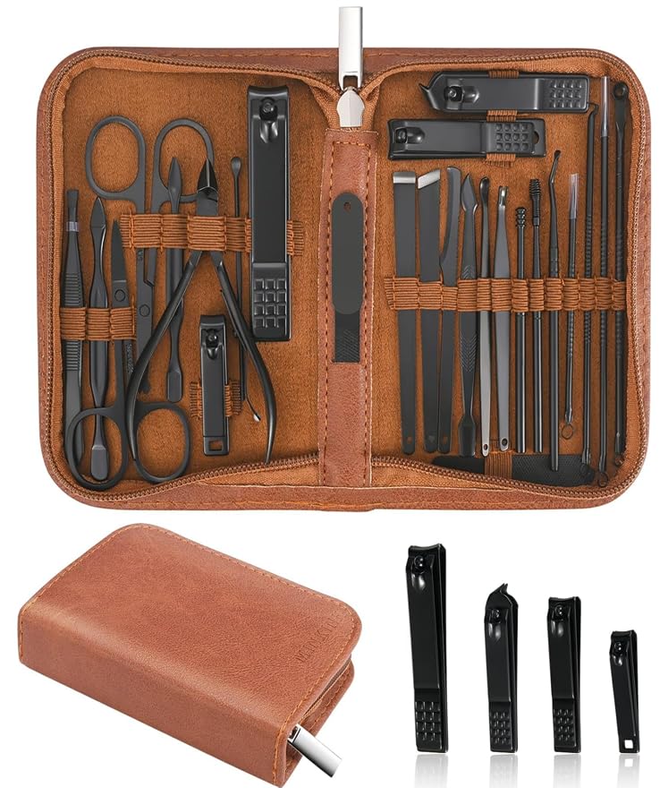 26Pc Professional Manicure Pedicure Kit – Stainless Steel Nail Clipper Set with Grooming Tools & Luxurious Travel Case for Nail, Face & Foot Care (Brown)