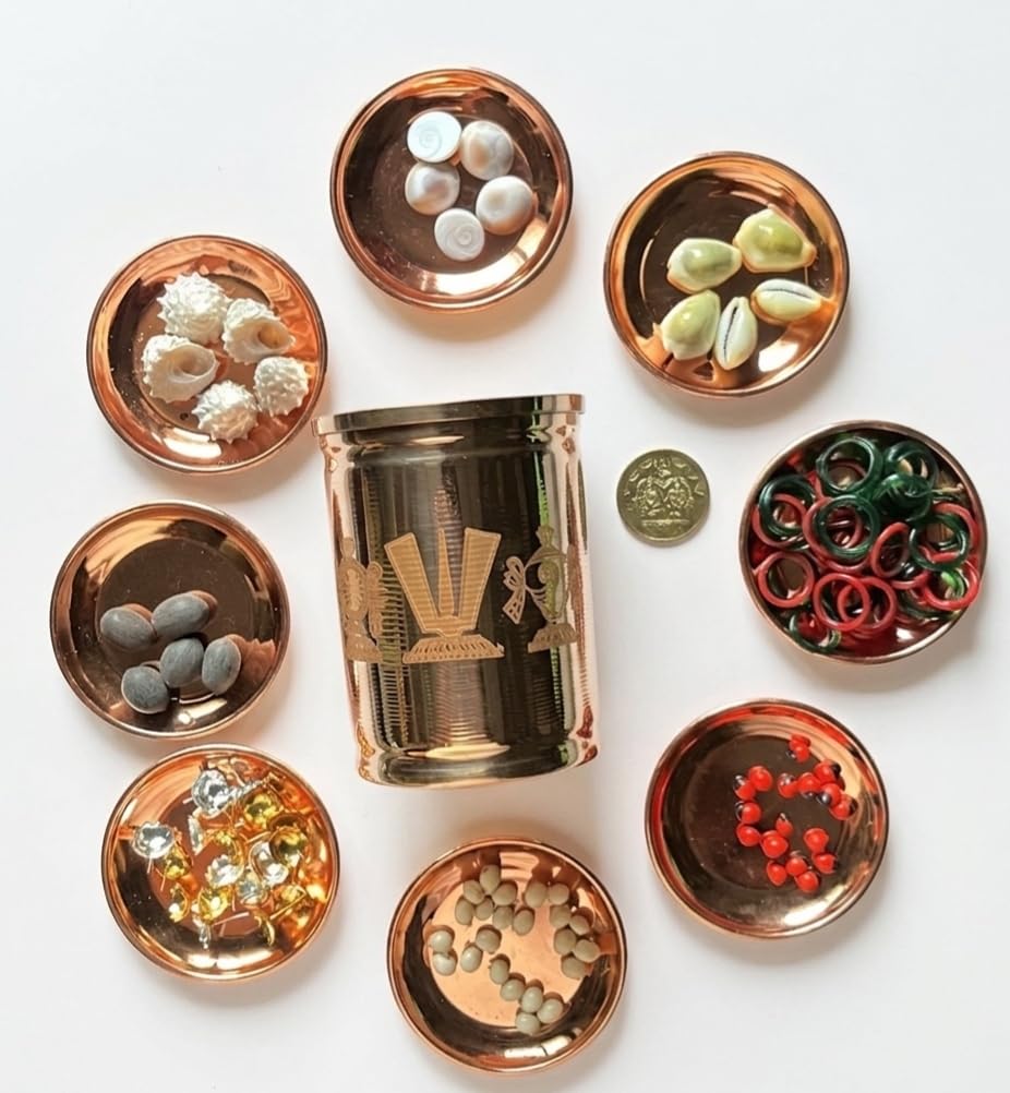 JaiRaj Collections Vara Lakshmi Pooja Kit with 3.5 Inch Kubera Kuncham Glass Gomati Chakra Kamalgatta Seeds Lakshmi Cowrie Bangles Ashtothrama Flowers 5 Pieces Each for Home Temple Worship | Vara Laxmi pooja kit with Kuncham Glass-image-40
