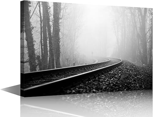 1 lienzo decorativo para pared, ferrocarril a través del bosque de pinos con niebla, decoración moderna para el hogar, sala de estar, arte de pared