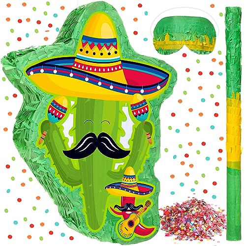 Lenwen Mexico Cactus Piñata 16x12x3 Inch Cactus Piñata with Stick Blindfold and Confetti Pepper Piñata with Mexico Hat Cinco De Mayo Fiesta Red Chili Piñata for Party Game