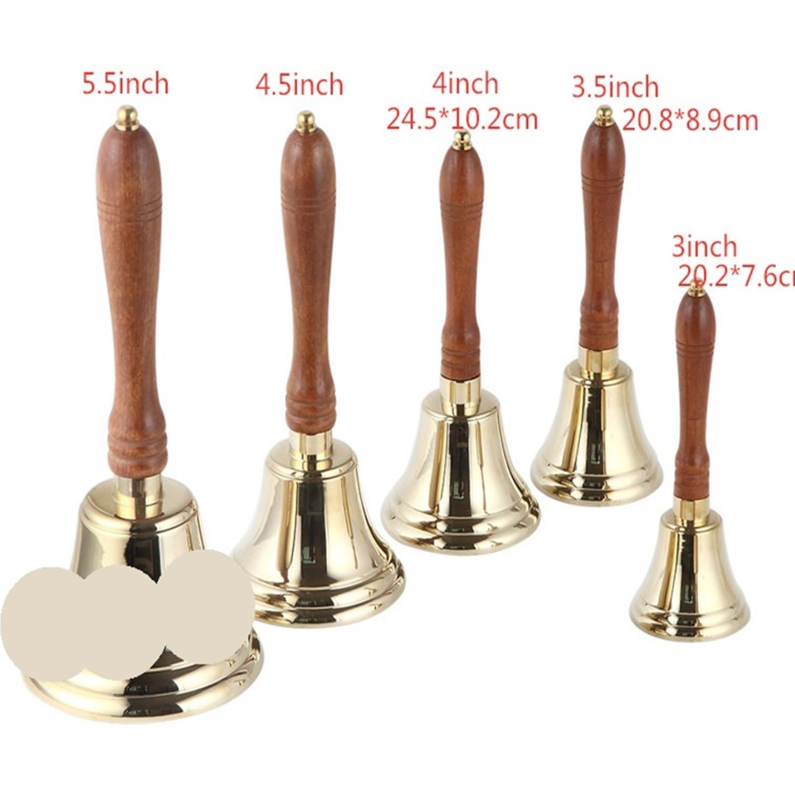 campana de mano de latón 1 Uds. Campana de mano latón 3/3, 5/4/4, 5 pulgadas con mango madera, campana for llamadas, barra, mostrador, mesa comedor(4inch)