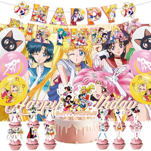 42Pcs Sailor Party Supplies Pack IncludesBannerCake Topper Blackdrop Balloons for Moon party Decoration