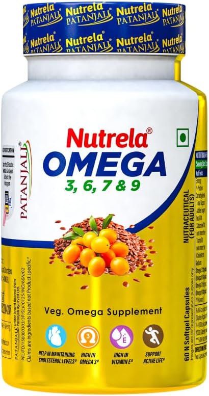 NUTRELA Patanjali 1500 mg Omega 3 6 7 9 for Men & Women - 60 Veg Softgel | Strength Supplement for Muscle, Bone, Heart, Eye, Skin & Brain with EPA 200mg & DHA 150mg