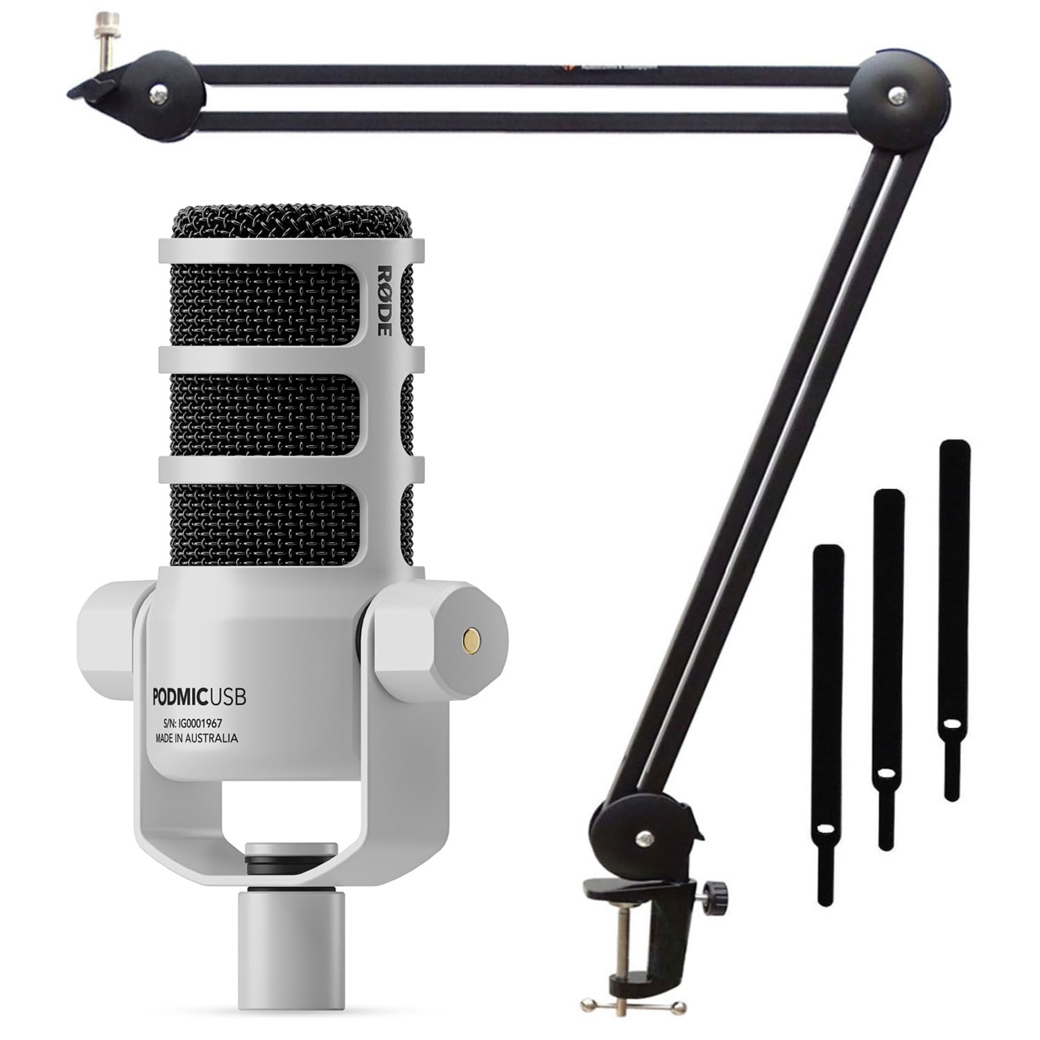 Rode Podmic - Microphone dynamique USB XLR pour chanter - Blanc - Avec trépied à bras articulé Keepdrum MS138