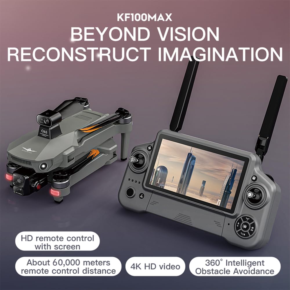KF100 MAX Drohne mit Kamera 4K für Erwachsene, 6km Kontrollabstand, 5,5 Zoll Display Fernbedienung, 3-Achsen Gimbal, 360° Hindernis Vermeidung, Professioneller Drohne RC Quadcopter, 3 Batterien