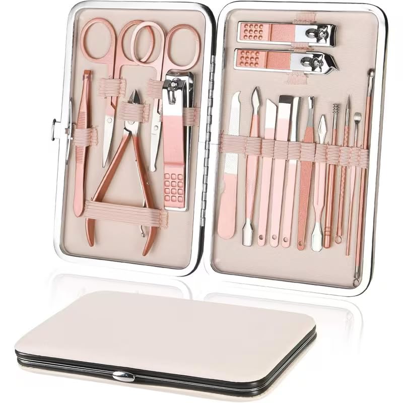 18-Piece Manicure Pedicure Grooming Kit for Men & Women, Professional Nail Care Set with Stainless Steel Tools, Rose Gold Finish, PU Leather Travel Case for Hand Foot Face Care (18 Pcs)
