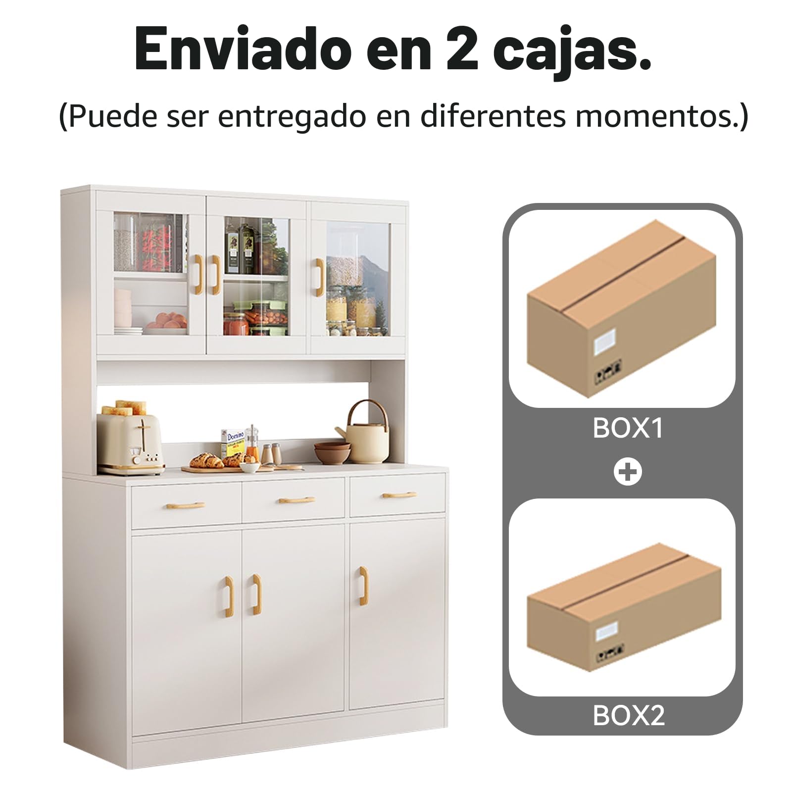 Armario de Cocina de 170 cm, Armario Alto de Madera, Aparador, Armario Multiusos con Cajones y Puerta de Cristal, Comedor, Baño, Oficina, Trastero, Blanco