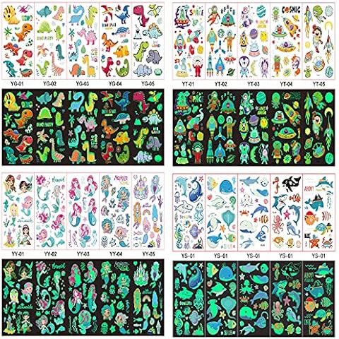 SHULLIN 20 Sheets Luminous Tattoos Sticker Temporary Tattoos Glow In The Dark Colorful Fake Tattoos Glitter Animal Tattoos kids cartoon tattoos for Boys Girls Birthday Party Favor Toys Gifts Cover