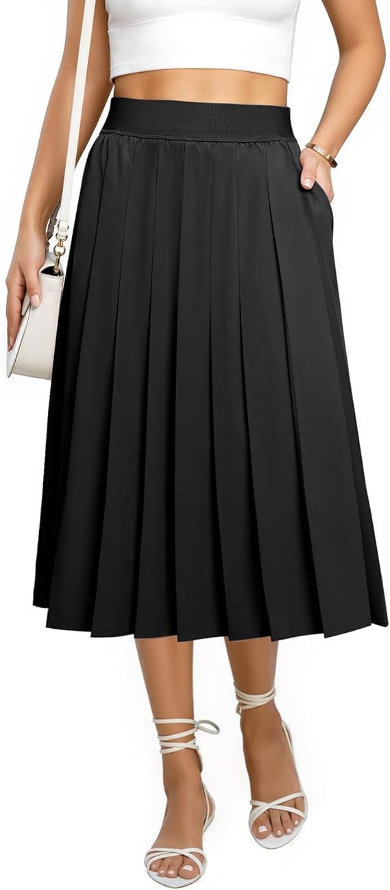 DLOODA Pleated Skirts for Women with Pockets Elastic High Waisted Flowy Midi Skirt A-Line Fall Long Skirts Work Office