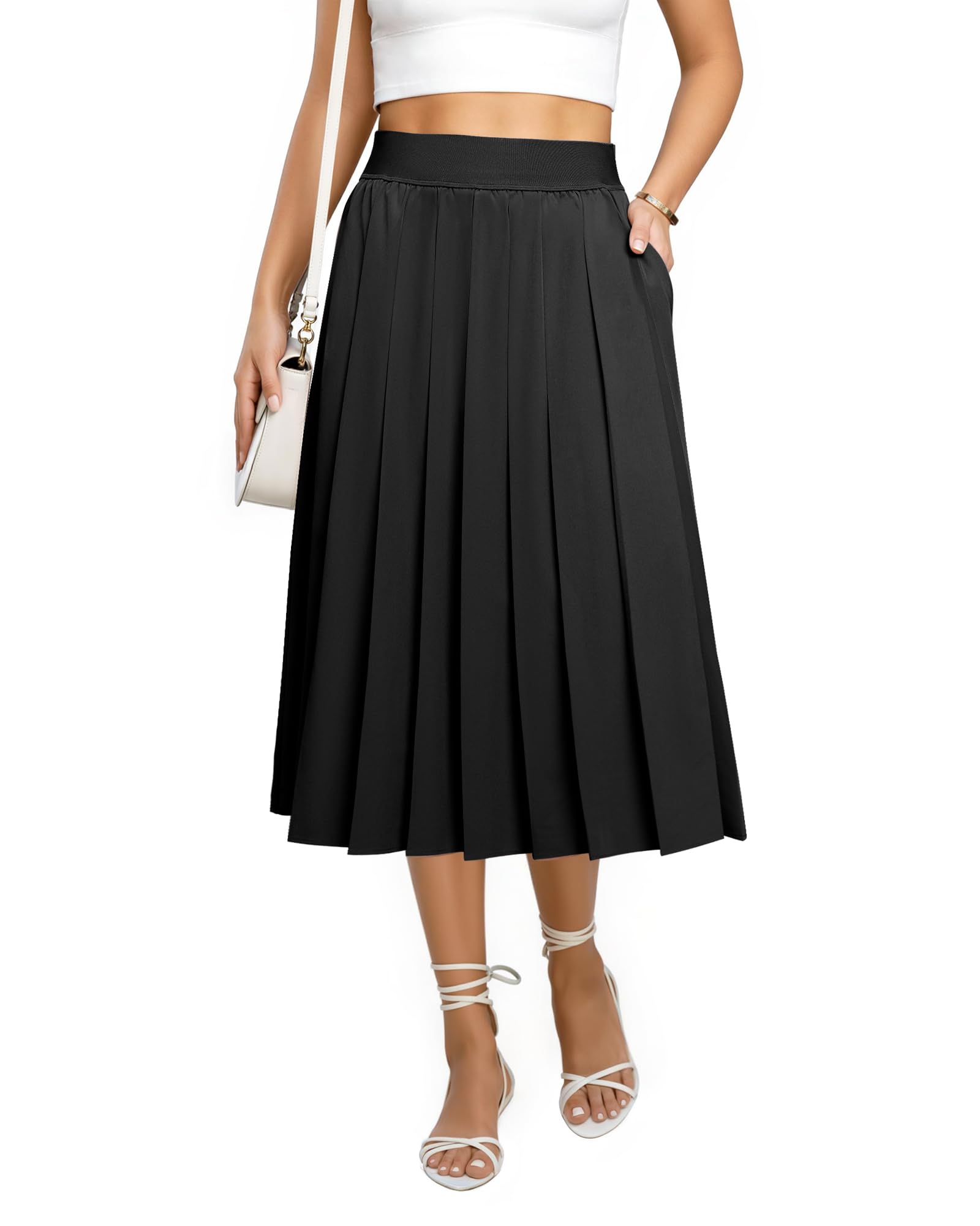 Pleated Skirts for Women with Pockets Elastic High Waisted Flowy Midi Skirt A Line Fall Long Skirts Work