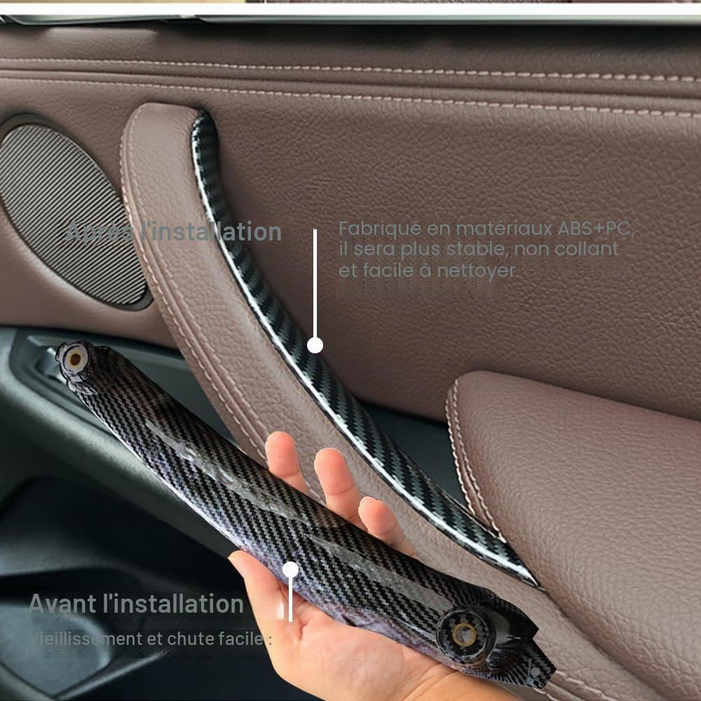 Lot de 4 poignées de porte intérieures en ABS pour voiture, panneau intérieur, housse de protection de tirage, accoudoirs compatible avec B-MW E70 E71 E72 X5 X6 2007-2014 - Fibre de carbone