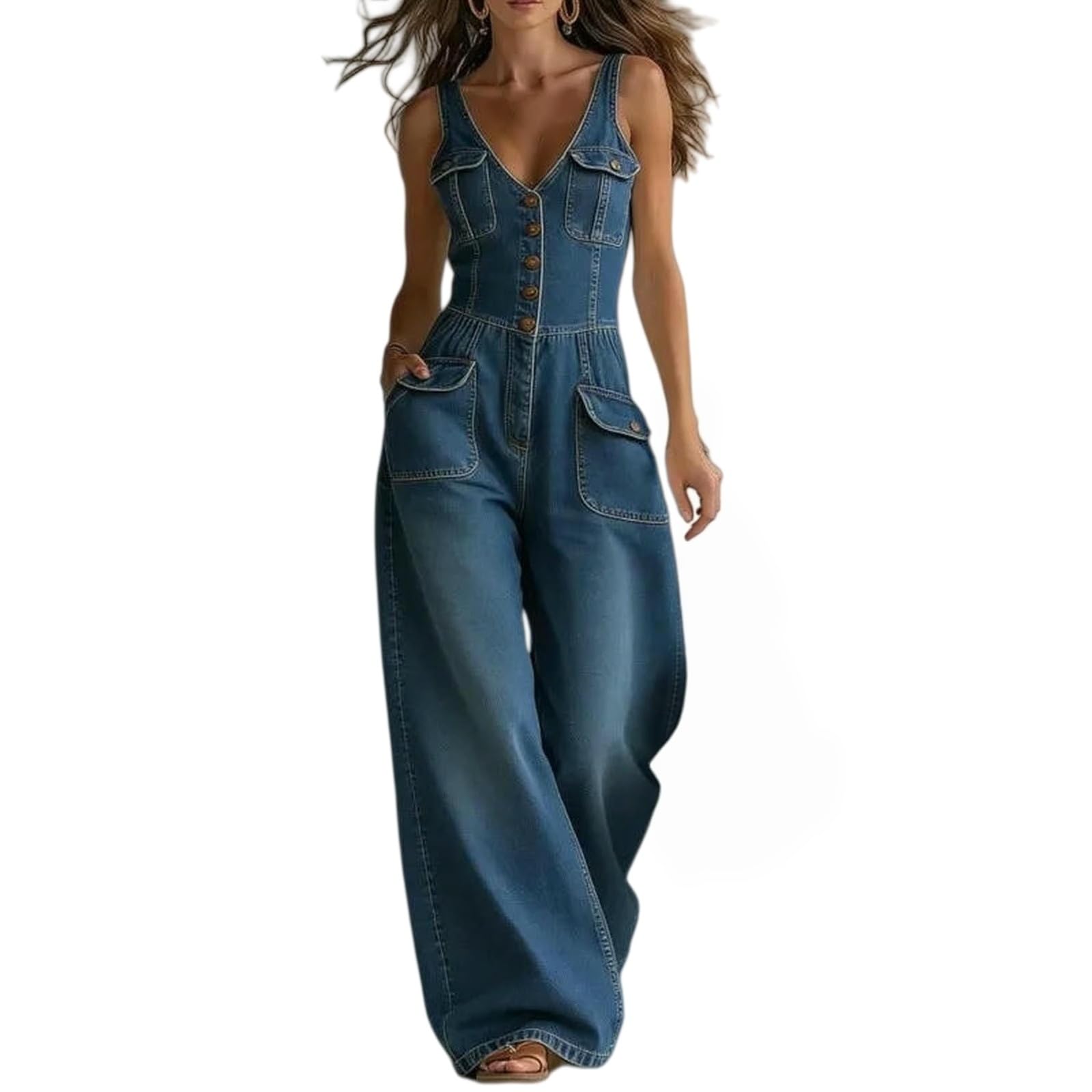 Salopette Donna Estiva,Tuta Intera da Donna in Denim Senza Maniche con Scollo A V, Bottoni, Ideale per Le Vacanze al Mare E La Spiaggia, con Spalline.