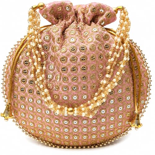Eyesart Fashion Potli Bag For Woman Indian Ethnic Designer Potli bag Ladies Handbag Purse for Bridal Batwa Pearls Handle Drawstring Clutch Purse for Women (Baby Pink)