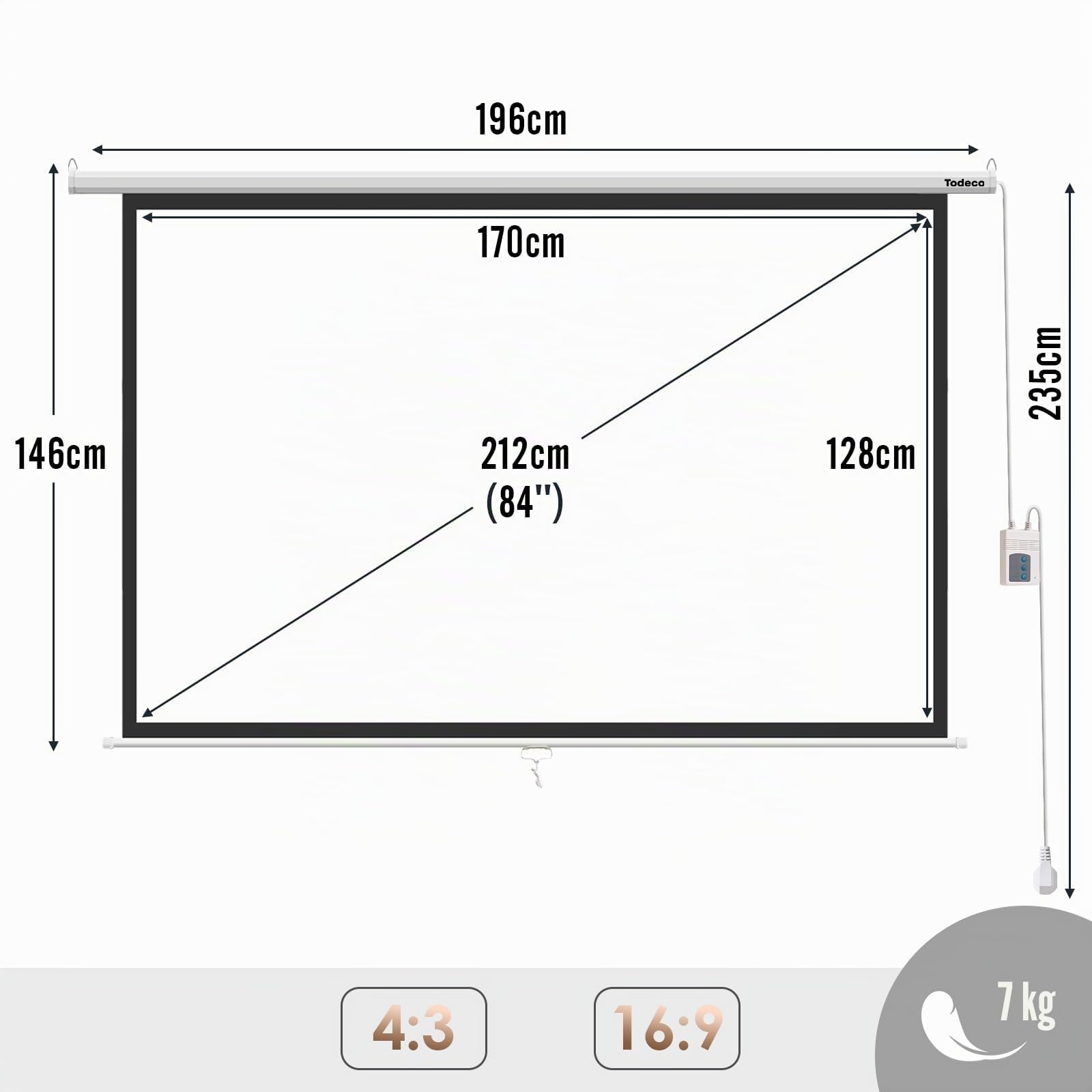 Todeco Motor Beamer Leinwand Elektrisch, Hängeleinwand 84 Zoll 128 x 170 cm, Format 4:3, Heimkino mit 4K Full HD 3D, Rolloleinwand für Heimkino und Präsentation, mit Fernbedienung