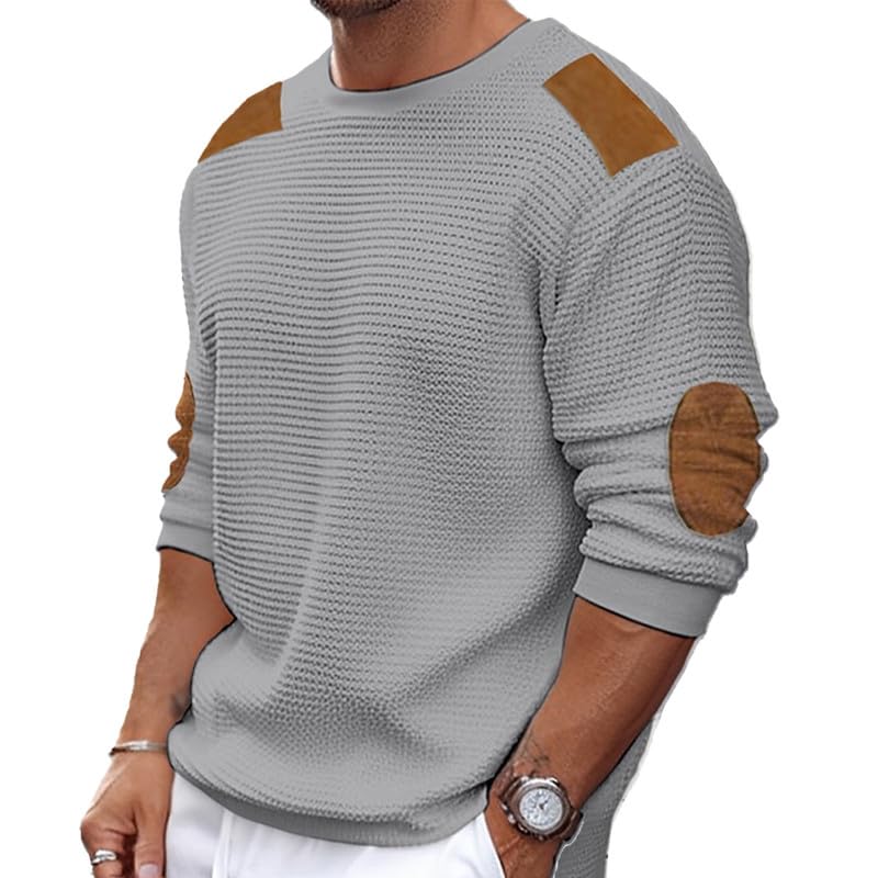 CORIRESHA Men's Fall Elbow Patch Sweater Crewneck Long Sleeve Ribbed Knit Pullover