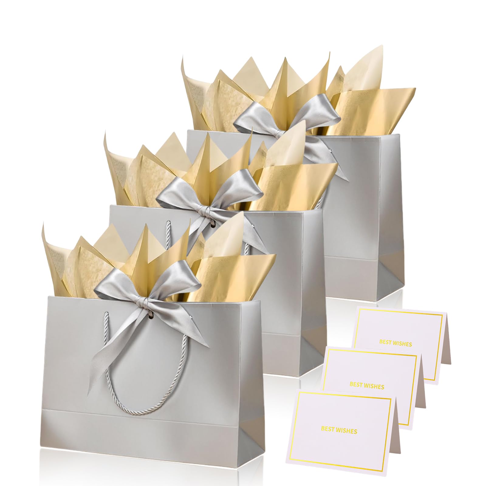 Silver Gift Bags for Presents,3P Medium Present Bags with 6 Metallic Gold Tissue/3 Card,Personalised Birthday Gift Paper Bag with Ribbon,28 * 20 * 10 Wrapping Bag for Christmas Wedding Gift Party Bag — image 1