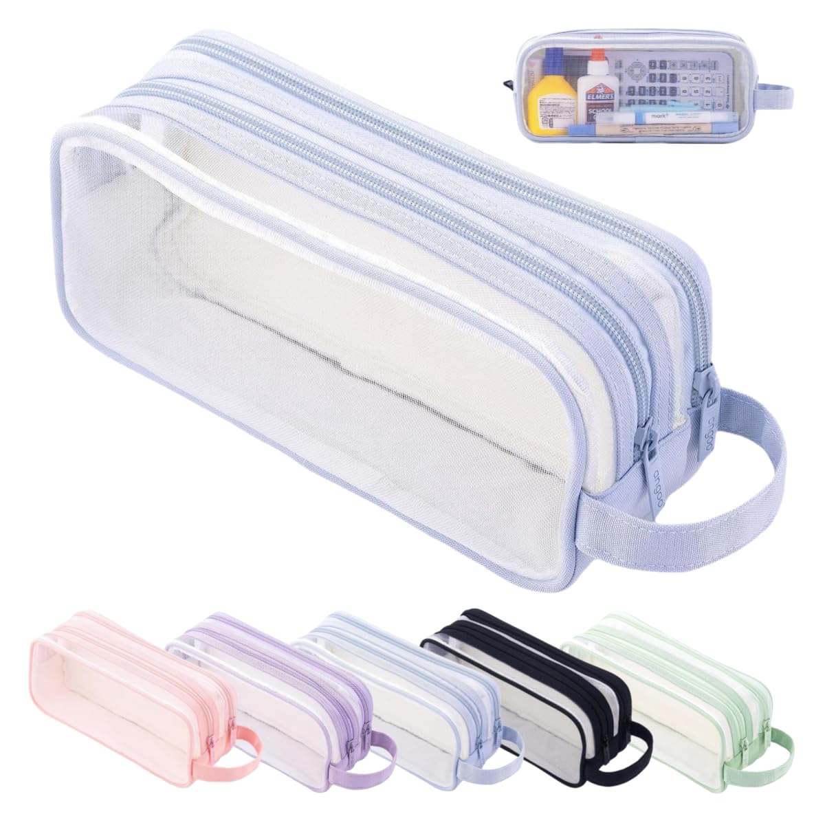 OSMARI Pencil Case Clear Mesh Pencil Pouch,Large Capacity Pencil Bag 2 Compartment Pen Bag,Zipper Transparent Stationary Pen Cases,for Teen Student College Business Travel Office (Blue)