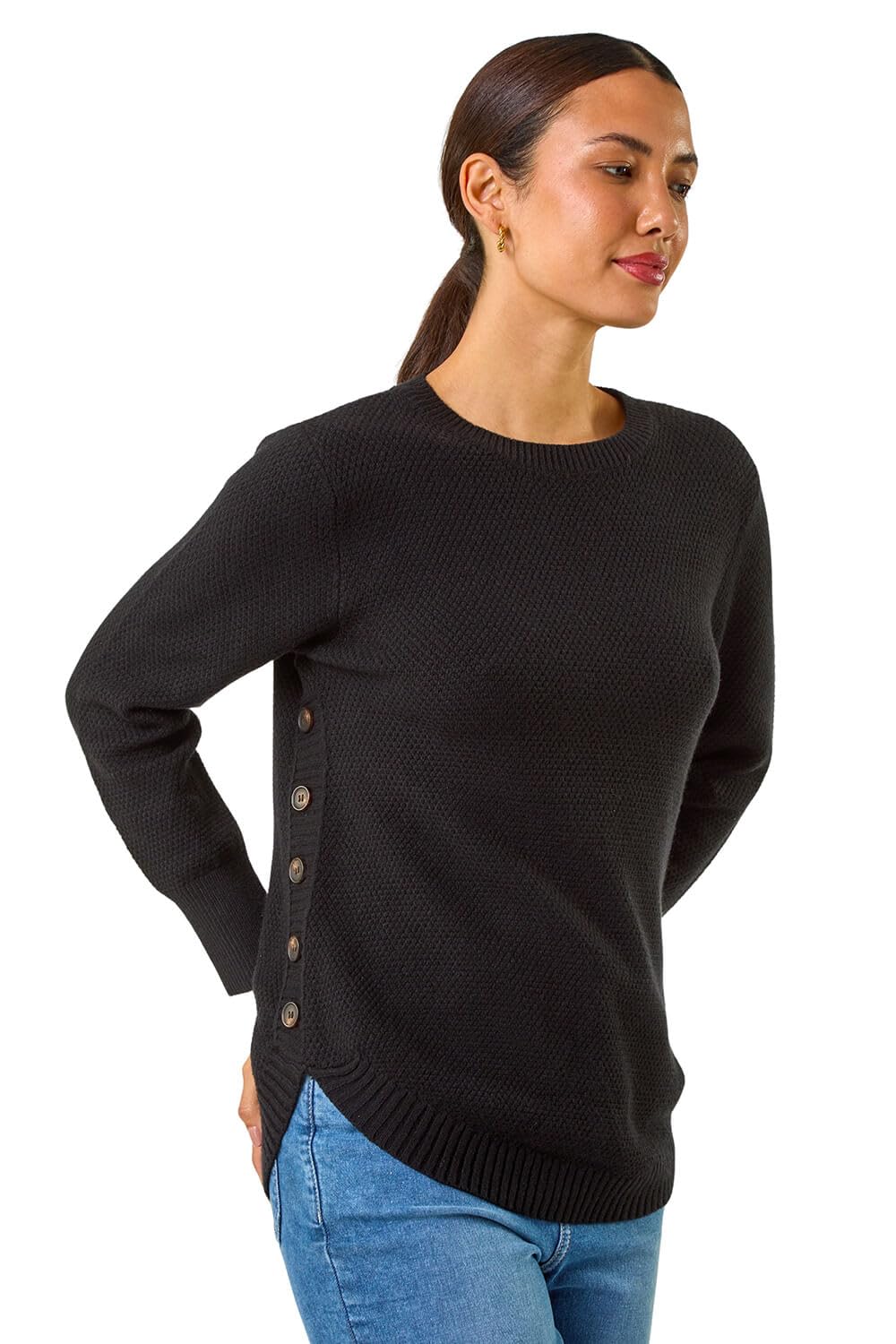 Roman Originals Women's Black Textured Curved Hem Jumper For Uk - Everyday Autumn Winter Round Neckline Comfy Soft Evening Vacation Work Party Night Out - Size 10