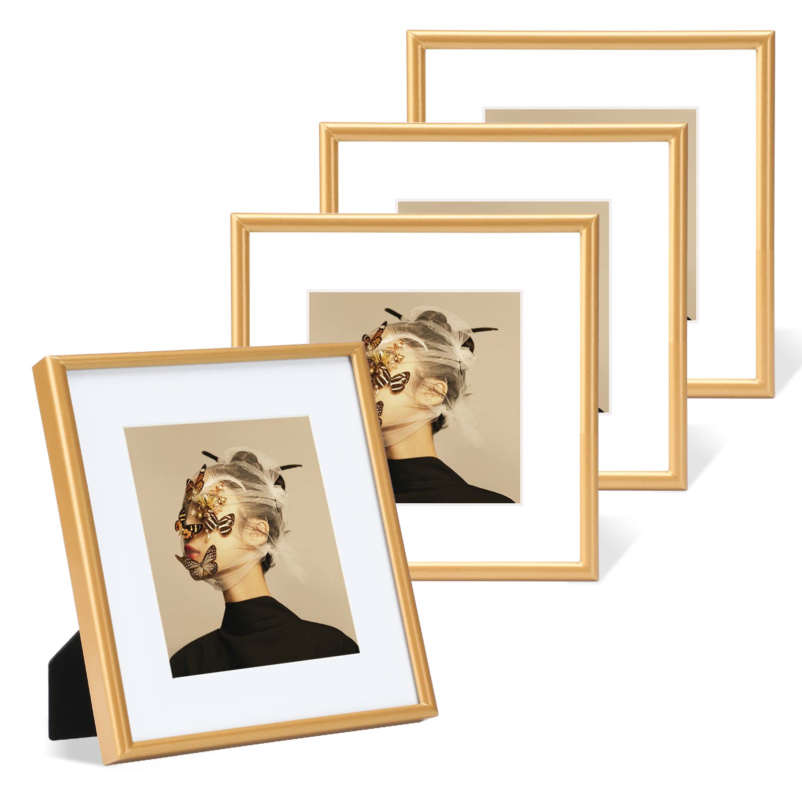 10x10 Picture Frame Set of 4, Matted Gold Simple Modern Brushed Thin Aluminum Metal Square Photo Frame Fits 6x6 with Mat or 10 x 10 without Mat Display For Tabletop or Wall Collage