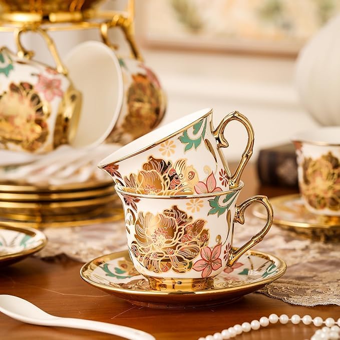 Image of DEEDECORWAVE Premium Ceramic Tea Set of 13 PCS Teapot (800ML) with 6 Cups (180ML Each), 6 Saucers & Holder Stand Elegant Gift for Tea Lovers Ideal for Home, Office & Parties (White)