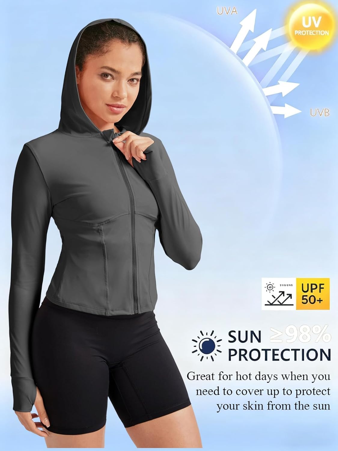 Auxo Women's Workout Jackets UPF 50+ Lightweight Zip Up Cropped Athletic Jacket Slim Fit Hooded Running Yoga Tops Thumb Holes