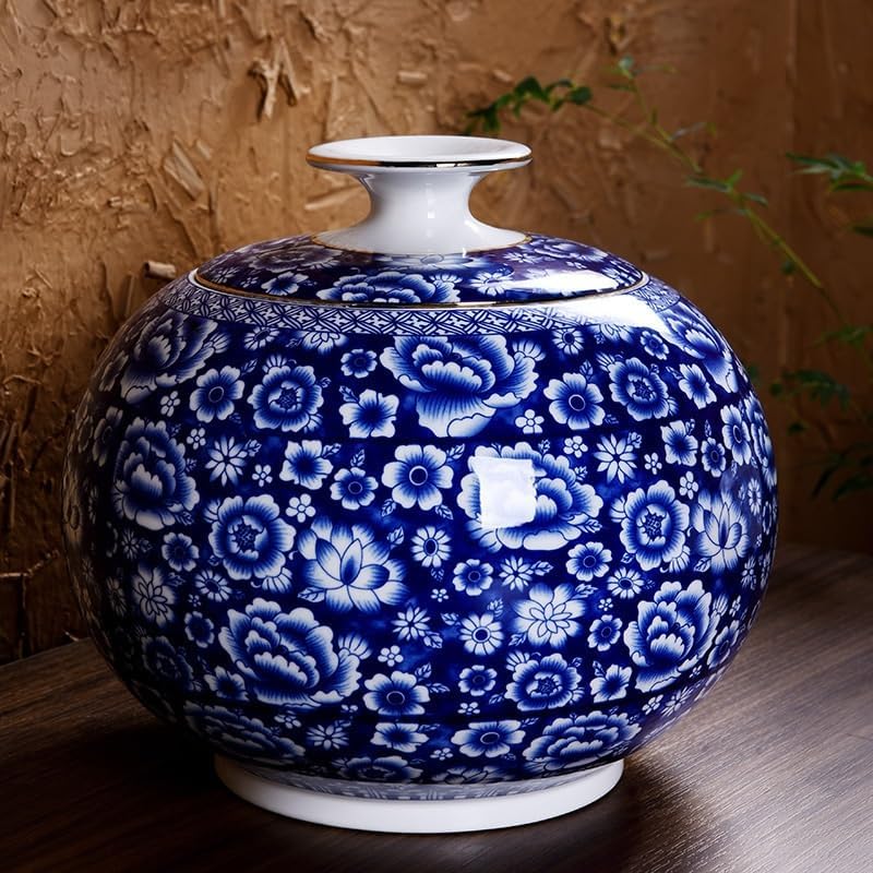 SONGCHAO Sugar Jar Extra Large Blue and White Porcelain Round Tea Caddy with Full Color Ceramic Tangerine Peel and Loose Sealed Storage Tea Canister