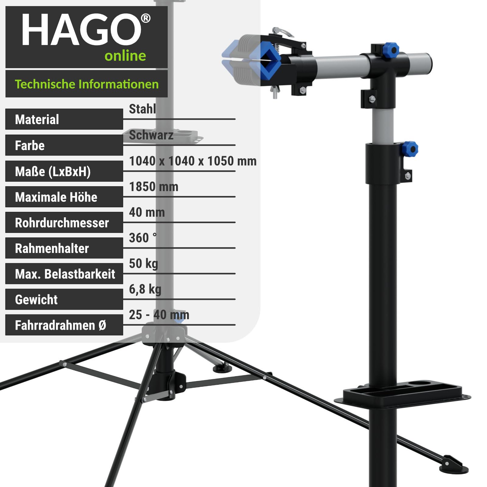 Support de montage télescopique pour vélo électrique - 50 kg - Réglable en hauteur - Pliable