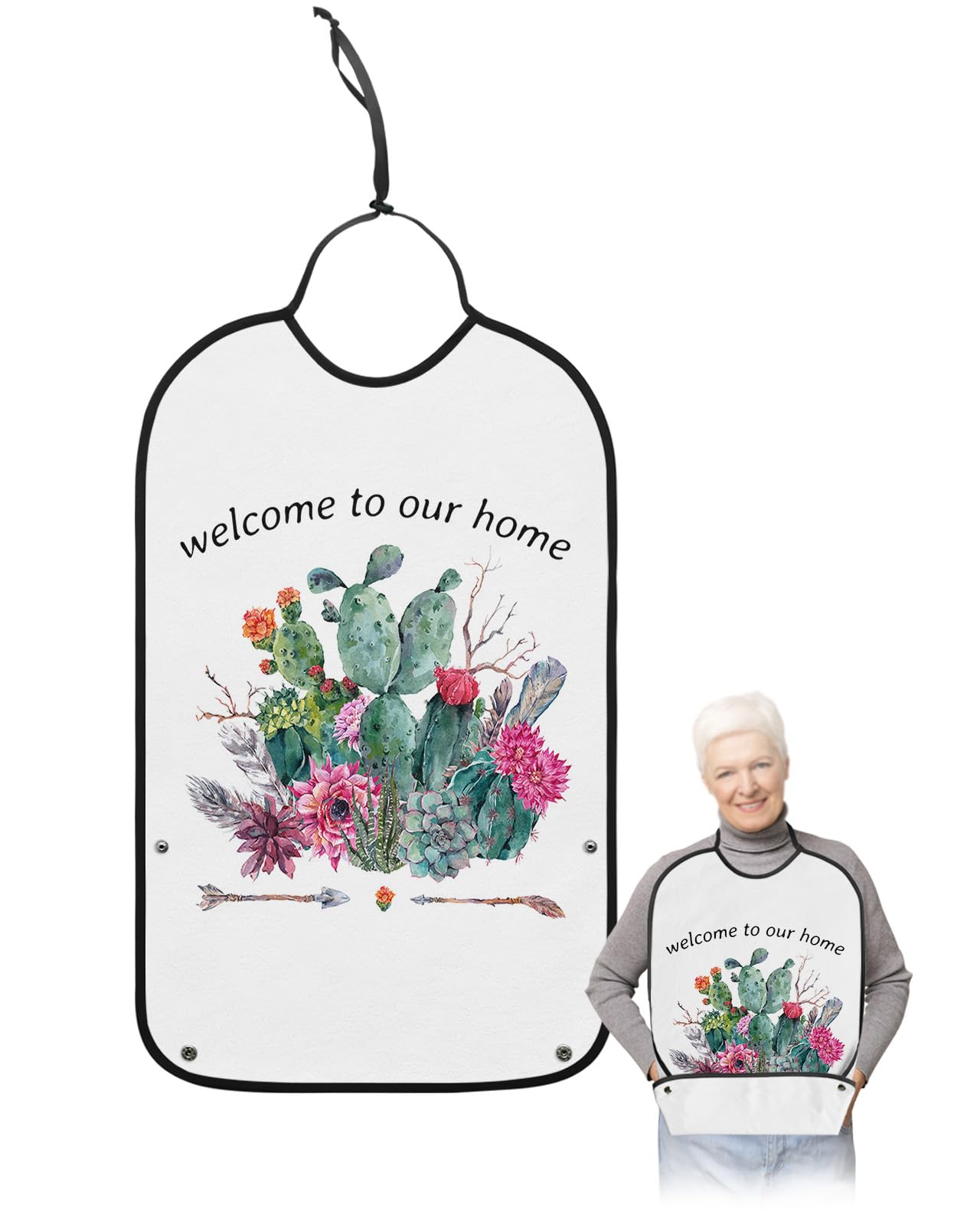 Summer Tropical Cactus Adult Bibs for Eating, Waterproof Bibs with Food Catcher & Adjustable Snap Closure, Farmhouse Rustic Spring Floral Washable Clothing Protectors Adult Bibs for Elderly Women/Men