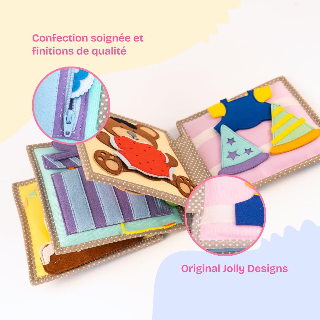 Jolly Designs® Mini Quiet Book Joyeux Oursiversaire – Jouet Montessori dès 12 Mois – Livre sensoriel & Livre Tissu pour bébé – Busy Book Fait Main en Feutrine – Jouet éducatif & de Voyage