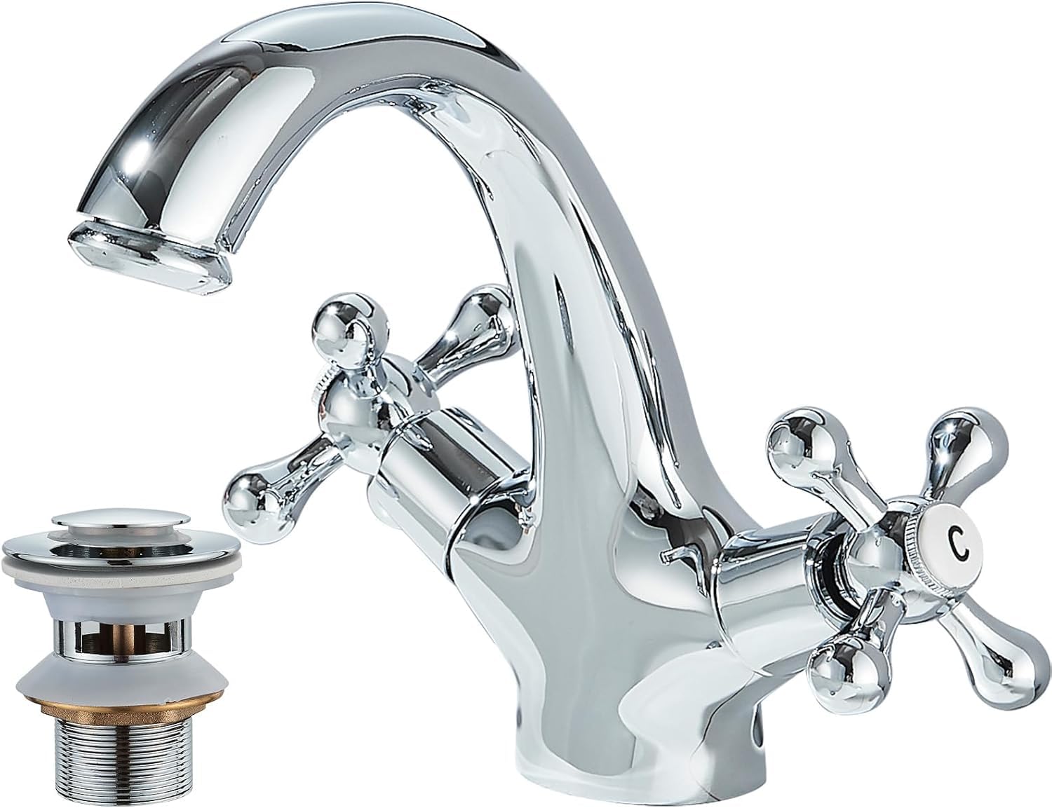 Grifo monomando para lavabo, grifo monomando para lavabo, cromado, monofónico, victoriano, doble mango, grifo mezclador con desagüe desplegable y mangueras del Reino Unido