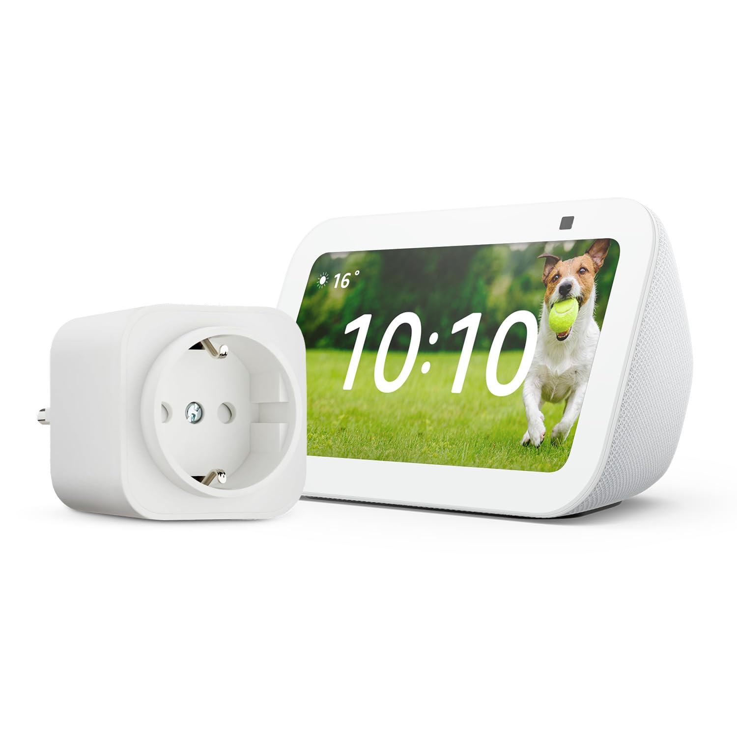 Echo Show 5 (Última generación) | Blanco + Amazon Basics Enchufe Inteligente, compatible con Alexa - Kit de inicio de Hogar digital