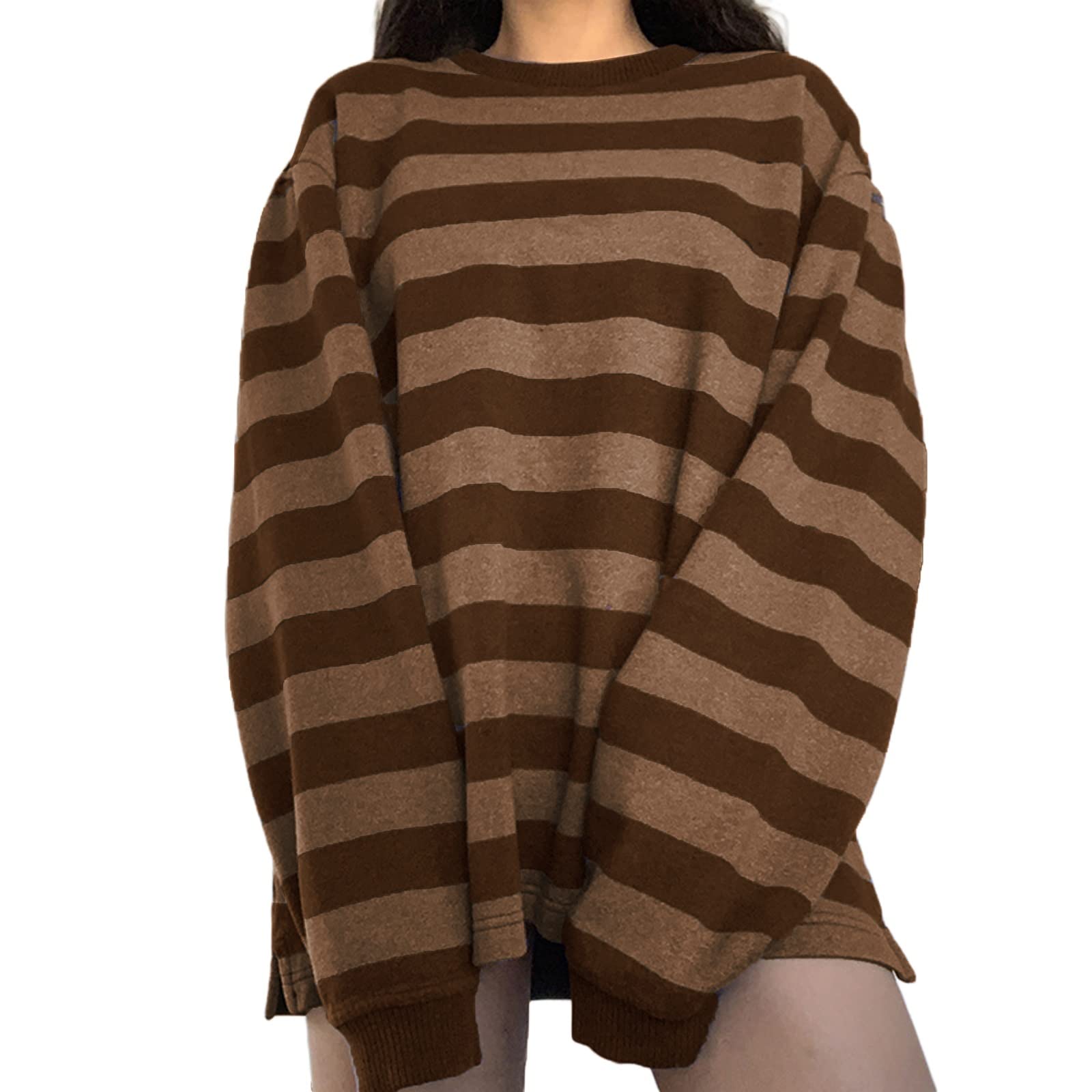 Women Y2k Striped Long Sleeve Slim Tops Color Block Round Neck Harajuku Tees Vintage 90s Shirts Streetwear Aesthetic Clothes: C-brown X-Large