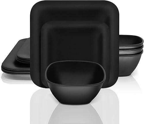 Juego de vajilla de melamina 12 platos de melamina para uso en interiores y exteriores juegos de platos y cuencos negros mate juego de platos de Juego de vajilla de melamina 12 platos de melamina para uso en interiores y exteriores juegos de platos y cuencos negros mate juego de platos de
