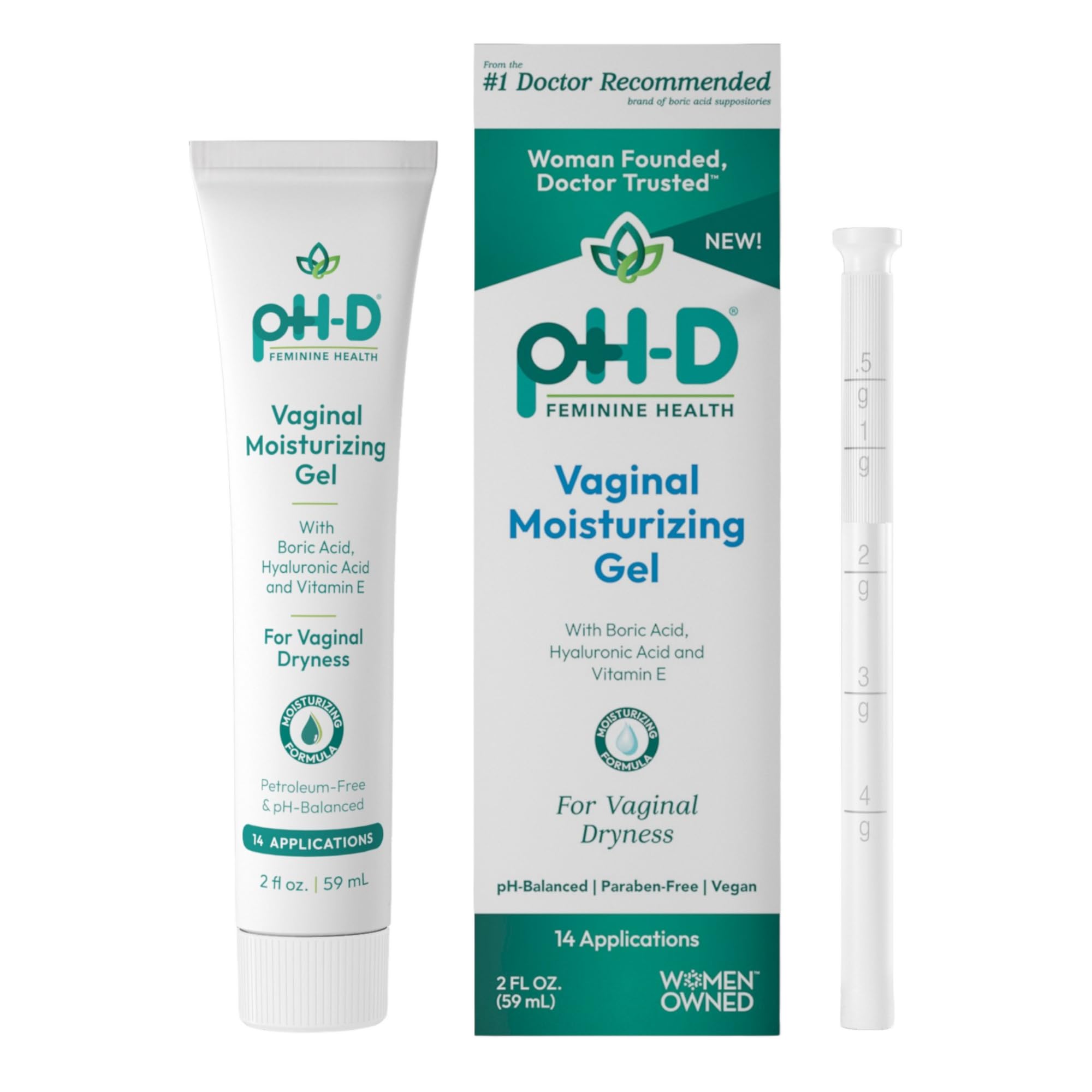 Boric Acid Moisturizing l Gel with Hyaluronic Acid, Vitamin E for l Dryness by pH-D Feminine Health, Woman Owned, Paraben-Free, pH-Balanced, Vegan, 14 Applications, Made in the USA