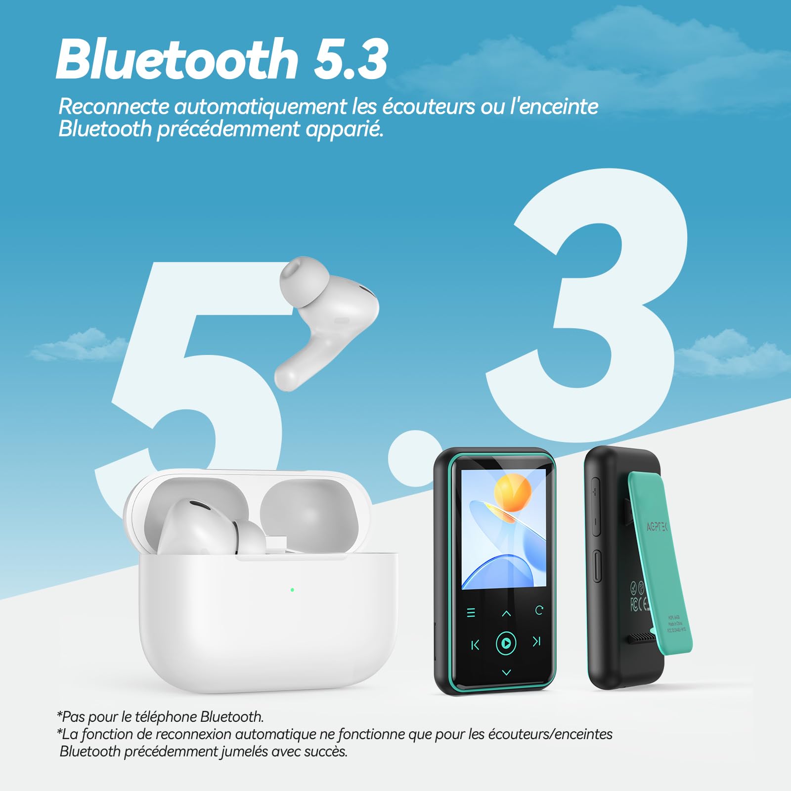 AGPTEK 64Go Lecteur MP3 Bluetooth 5.3 avec Clip, 1,8 Pouces Lecteur Musique Sport HiFi avec Reconnexion Bluetooth Automatique, Radio FM/Podomètre, Ultra-léger 36g, Mini Baladeur pour Courir - Bleu