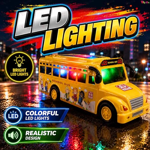 Image of VikriDA Friction Powered School Bus Toy for Kids | Light & Sound Battery Operated Vehicle with LED Effects
