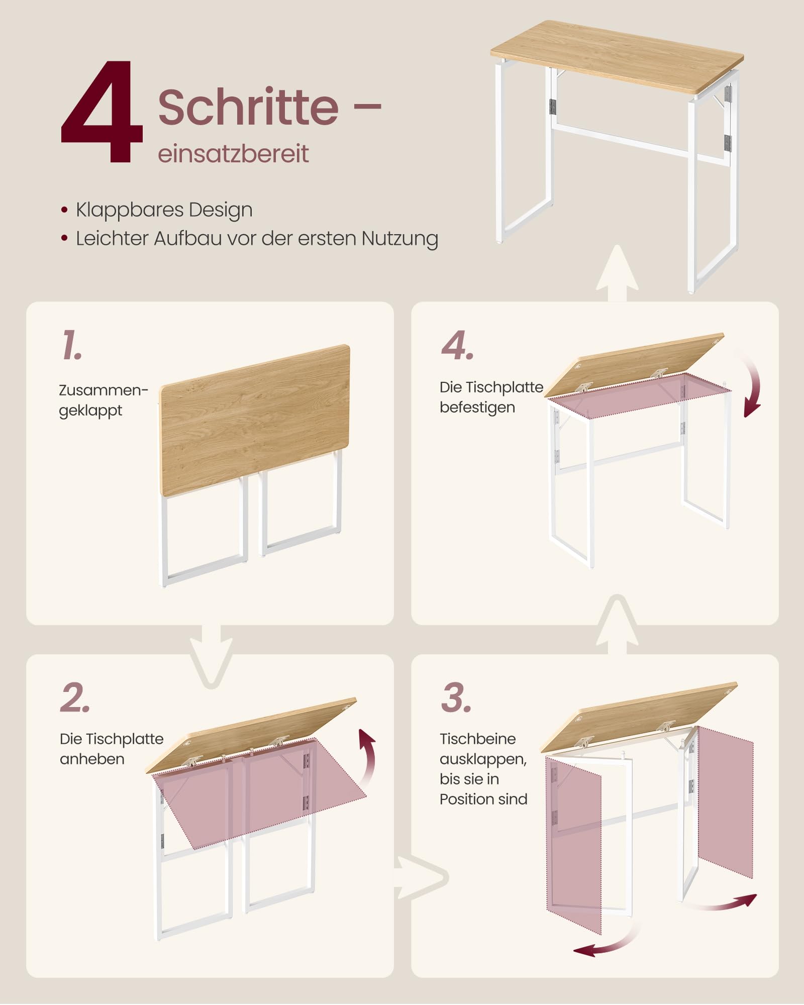 VASAGLE Klapptisch klappbarer Computertisch 80 x 40 cm natureichenfarben
