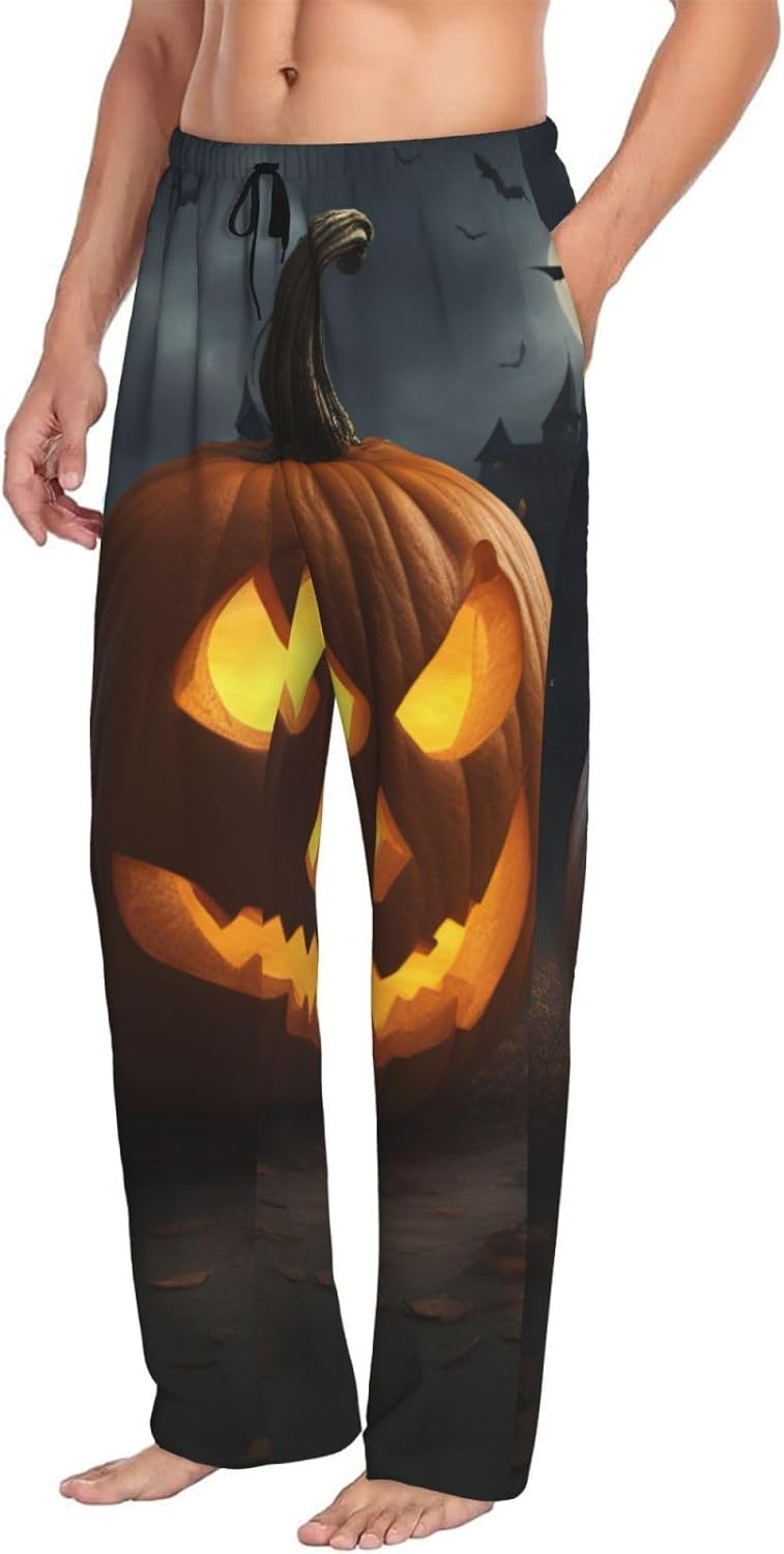 Halloween Pumpkin print Mens PJ Pajama Pants Bottoms Lounge Sleep Pants Sleepwear with Pockets Microfleece