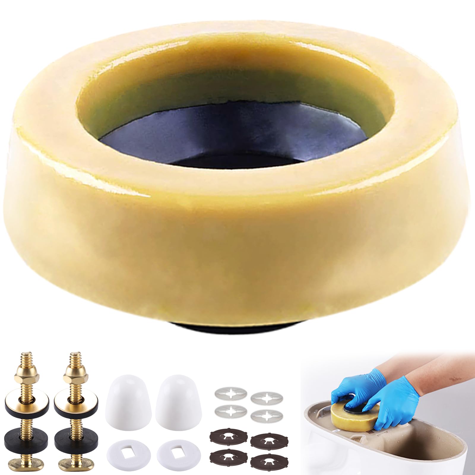 Kit de repuesto de anillo de cera de inodoro extragrueso: anillo de sellado de cuenco incluye pernos de latón, tuercas, arandelas y tapas, compatible con brida de inodoro debajo del piso o nivel, se