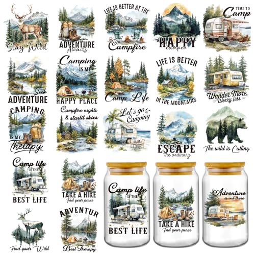 20 Sheets UV DTF Stickers, Outdoor Hiking Adventures Camping UV DTF Cup Wraps for 16 20 oz Tumbler, Wilderness Trekking Cold Transfer Sticker Decals DIY Glass Water Bottle Bumper Journal Decoration