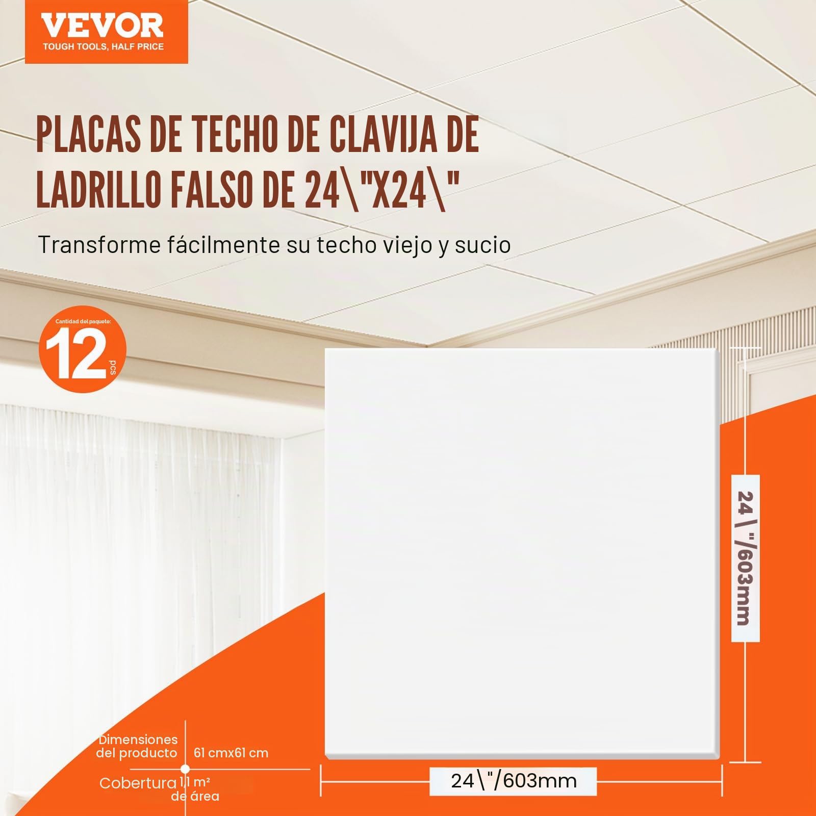 VEVOR Paneles de Techo de Poliestireno 12 Piezas Paneles de Techo de Plástico para Pegar 603x603 mm Instalación Fácil Revestimiento de Techo de Sótano para Decoración del Hogar, Oficina, Blanco