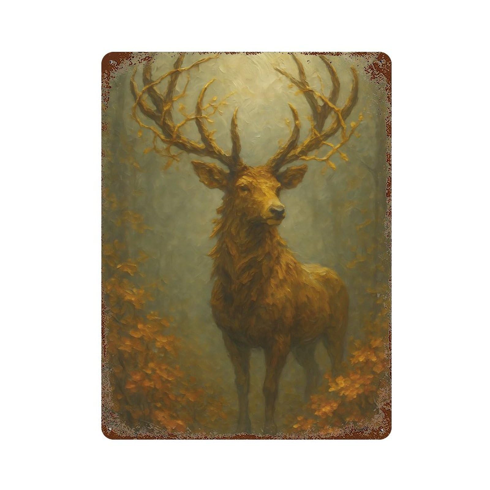 Golden Deer in Autumn Forest 15.7"x11.8" Decorative Tin Sign, Classic Wall Plaque for Cafe, Home Bar And Lounge Decor
