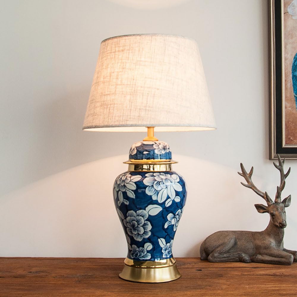 asdchZen 25.6"/28.7" Chinoiserie Ceramic Table Lamp Traditional Handmade Blue And White Porcelain Bedside Desk Nightstand Lamp For Bedroom Living Room Office College Bookcase-43 *,43 * 73cm
