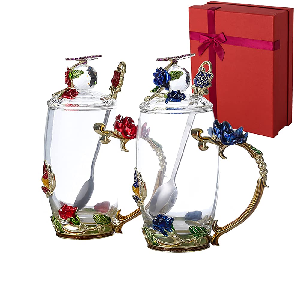 2 Pack Flower Teacup Transparent Glass Teacup, (With Spoon + Lid) , Fancy Tea Cups , Flower Tea Cup,Tea Cup Gift, Tea Sets for Women,Gifts for Women (B)