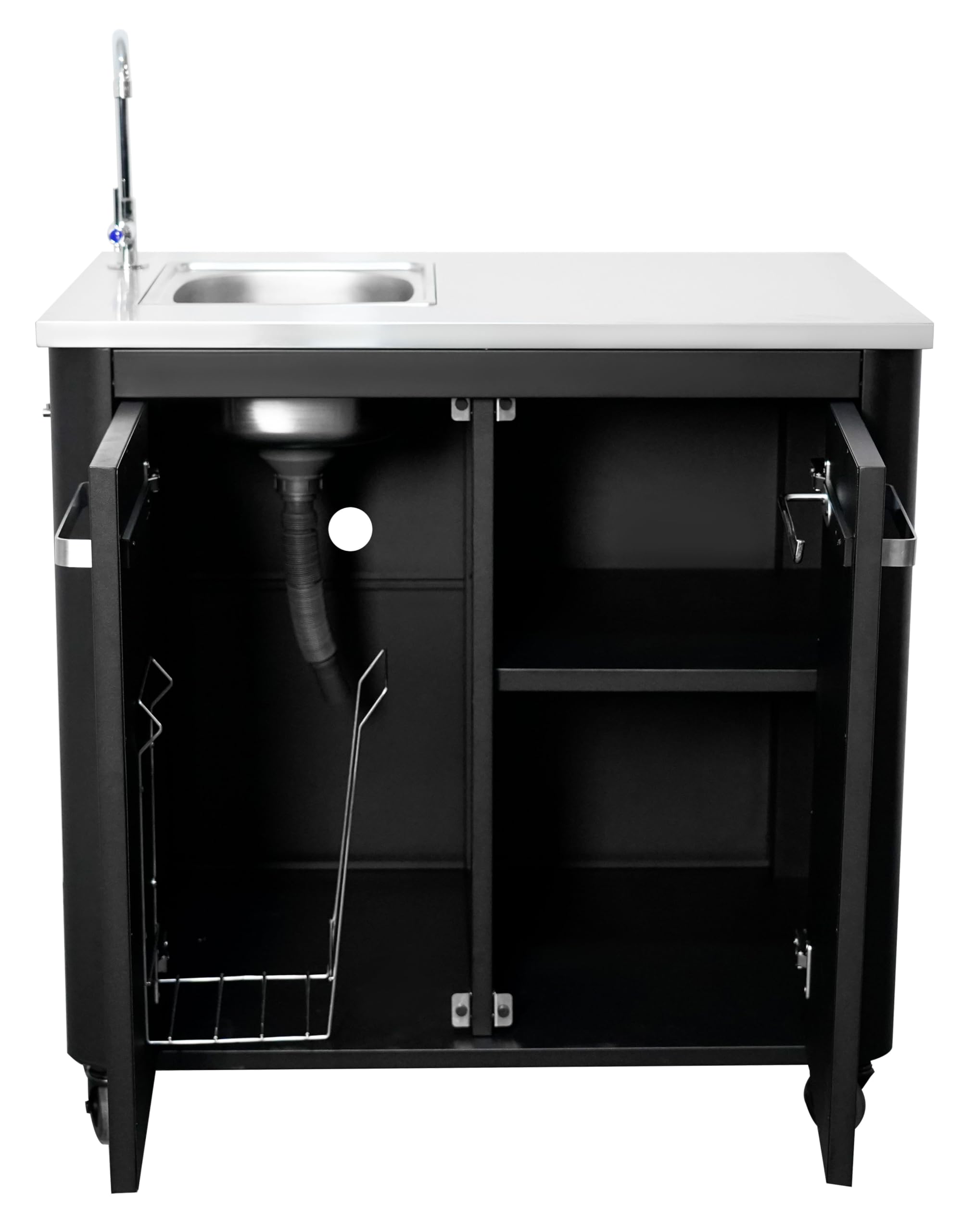 Cozze® Cucina da esterno 90 con lavello e rubinetto – Piano in acciaio inox, modulo BBQ componibile con vano contenitore, supporto sacco rifiuti, ganci e ruote, portata 100 kg