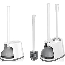 2 Pack Toilet Plunger and Silicone Brush Set and Toilet Bowl Brush and Heavy Duty Toilet Plunger with Ventilated Holder, 2-in-1 Toilet Brush and Plunger Combo for Bathroom Deeply Cleaning
