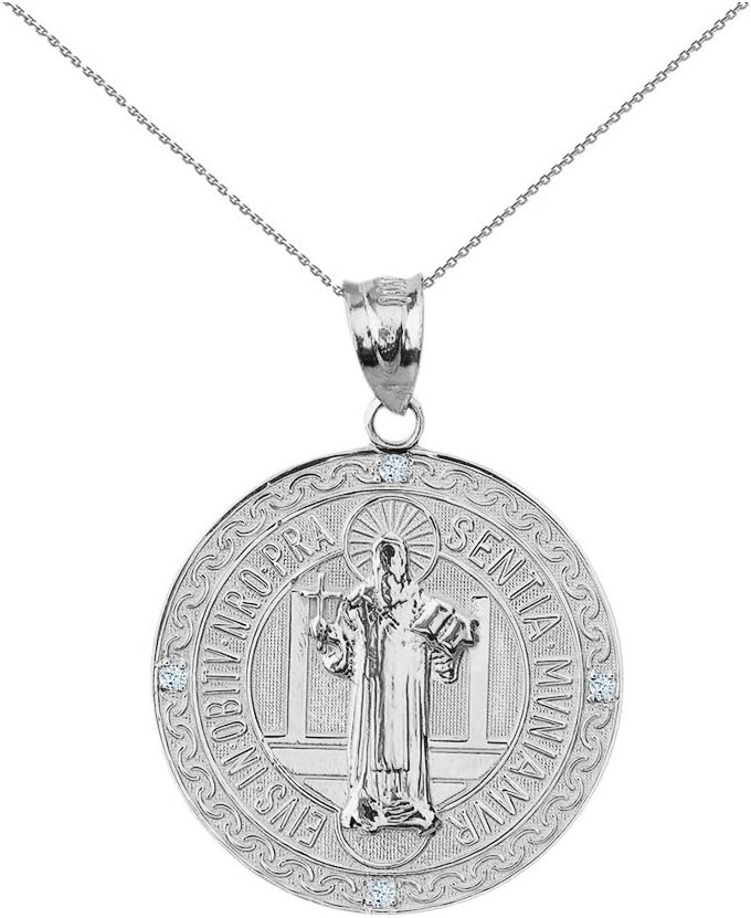 .925 Sterling Silver Cubic Zirconia St Benedict 3/4” Medal Pendant - Choose Pendant Only or Necklace with 16”-22” Chain